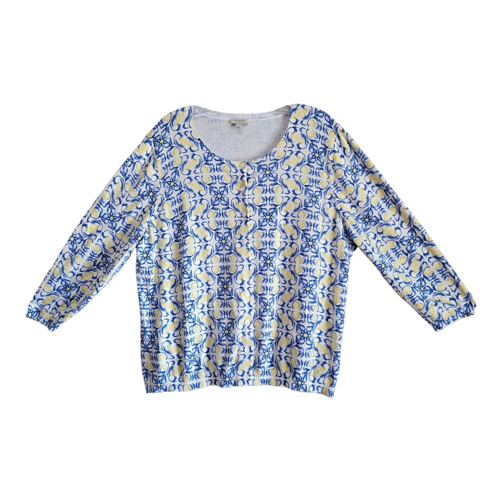 Talbots Xl Charming Cardigan Sweater Button Up Lemons Flowers 3/4 Sleeve 42"